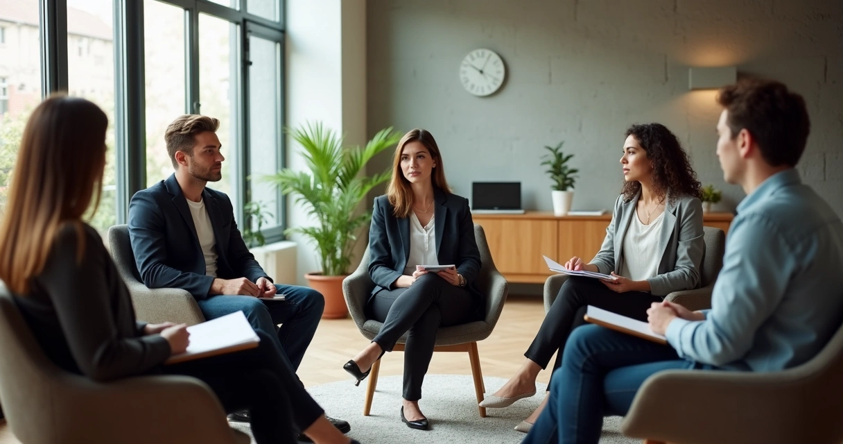 Equipe em reunião com escuta atenta e ambiente de confiança 