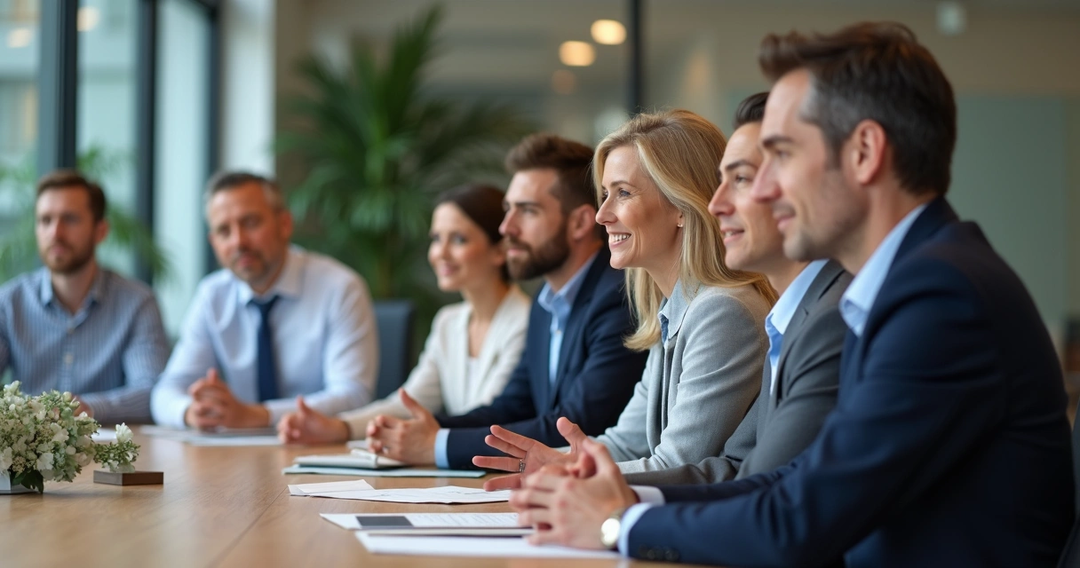 Equipe corporativa sentada ao redor de mesa de reunião, atenta e escutando couraçamente uns aos outros