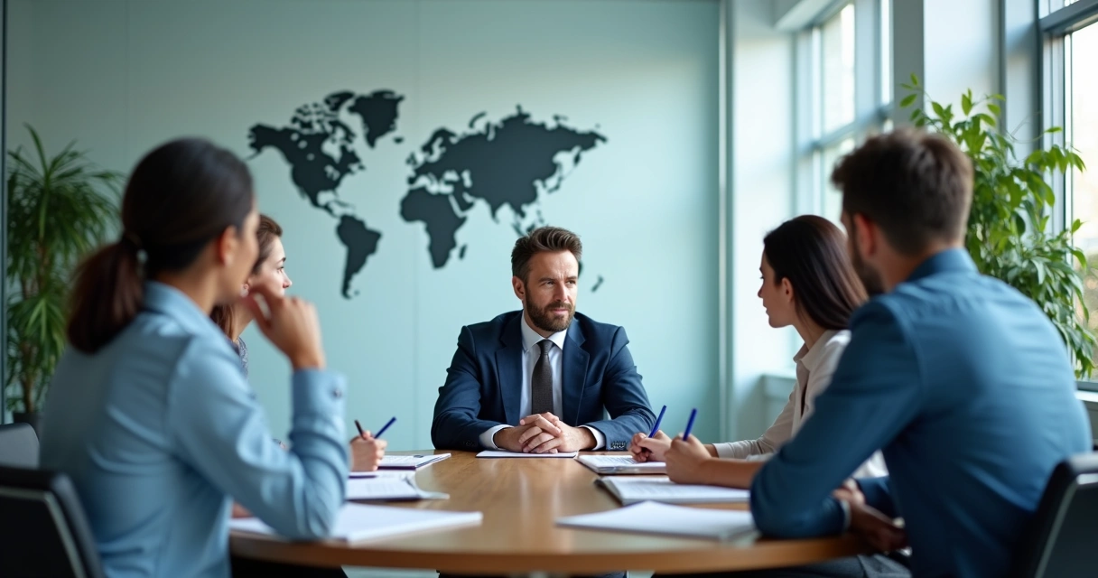 Liderança ouvindo equipe multicultural em reunião