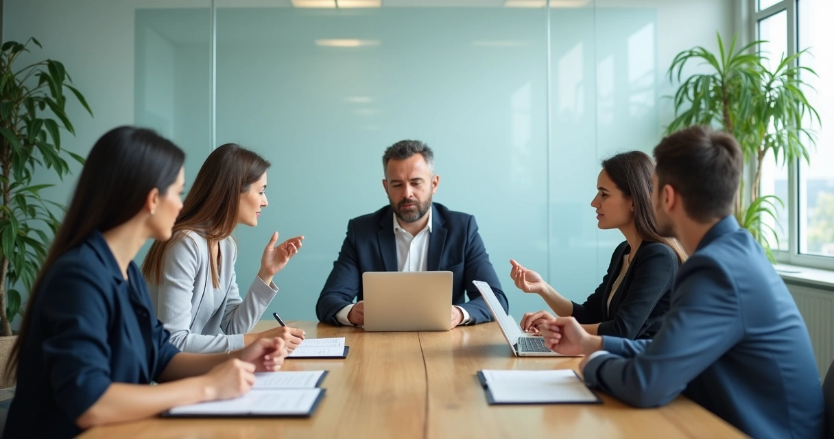Equipe em reunião com escuta ativa e diálogo transparente 