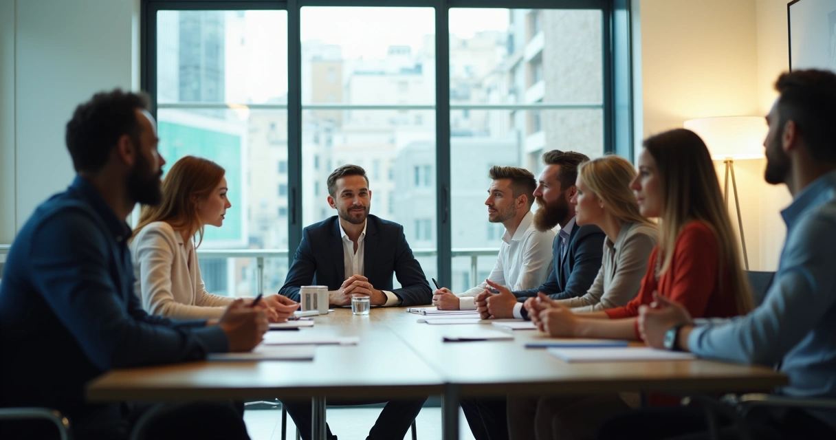 Pessoas sentadas ao redor de uma mesa, escutando atentamente umas às outras em uma reunião corporativa 