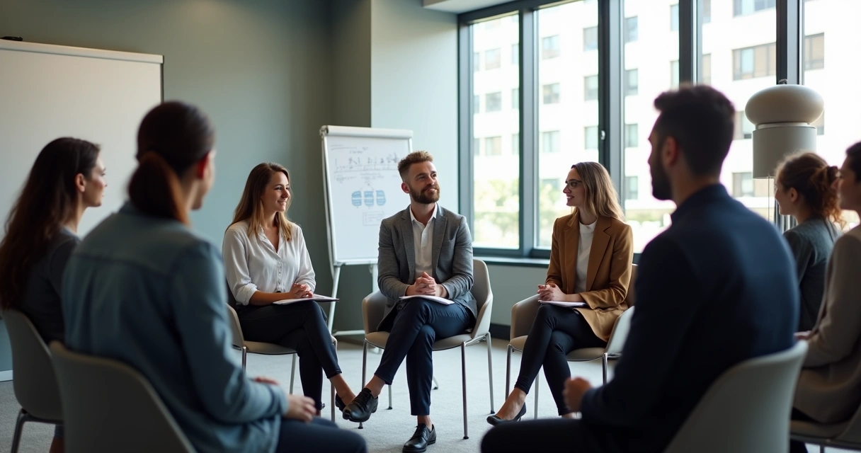 Grupo sentado em círculo tendo conversa séria em sala de reunião 