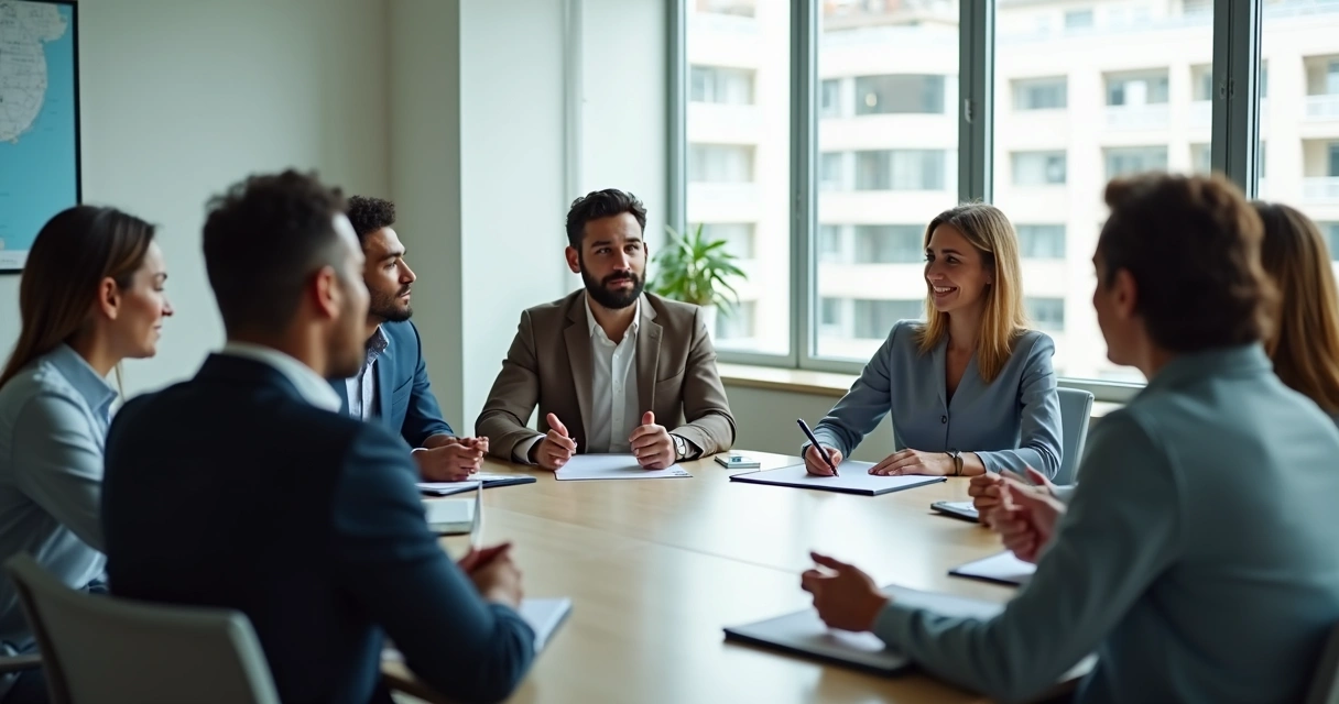 Equipe em reunião com escuta respeitosa no escritório