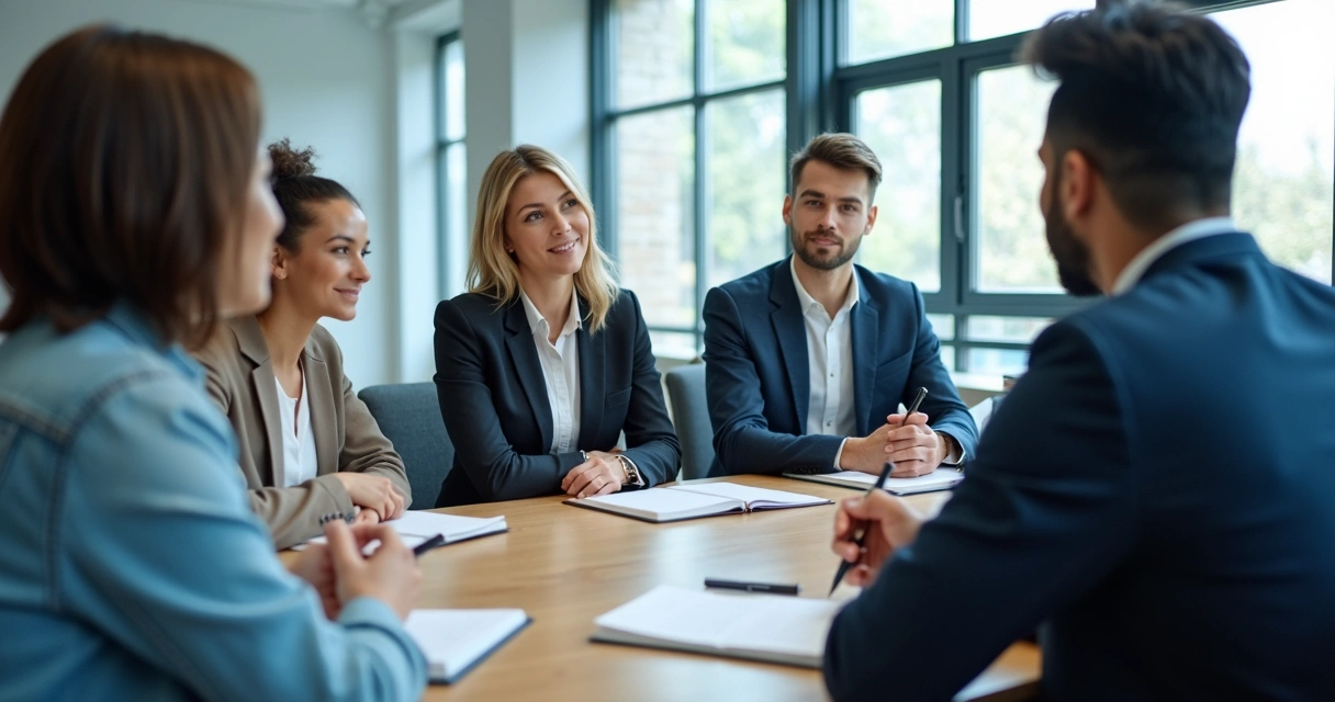 Equipe em reunião com postura de escuta e respeito