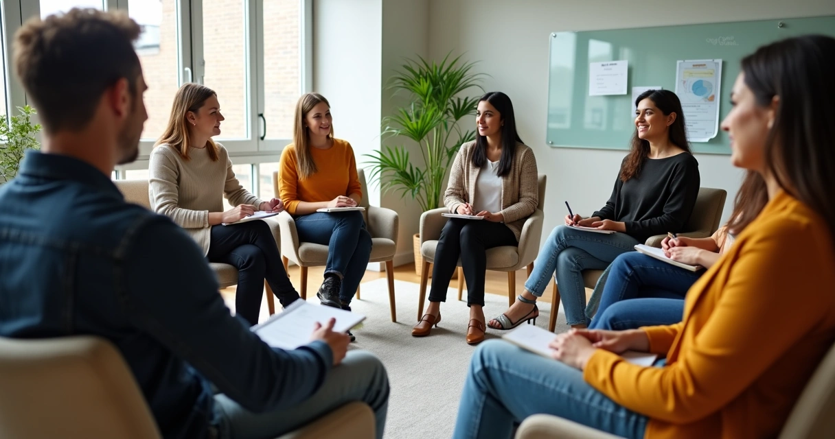 Equipe em roda de conversa em sala de reunião moderna praticando escuta segura 