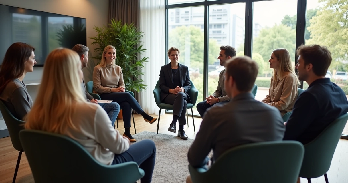 Grupo de pessoas sentadas em círculo durante reunião, demonstrando atenção um ao outro 