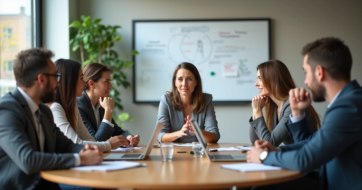 Grupo diverso em reunião de mesa redonda praticando escuta atenta 