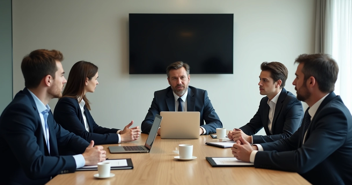 Equipe em reunião com expressões tensas e pouca conexão visual