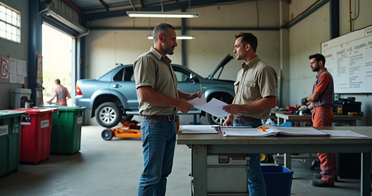 Dono de PME em oficina mecânica revendo práticas de ESG com consultora 