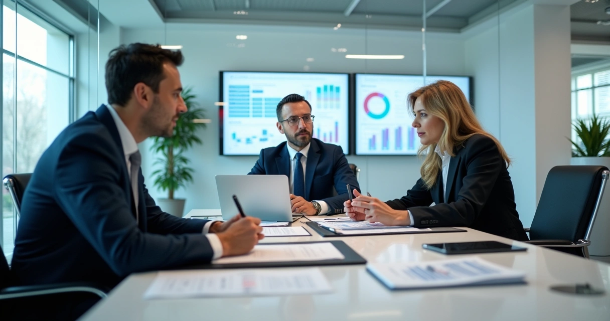 Três especialistas em reforma tributária discutindo documentos em mesa moderna de escritório 
