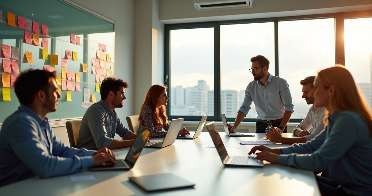Equipe discutindo requisitos do projeto em uma sala com post-its coloridos na parede