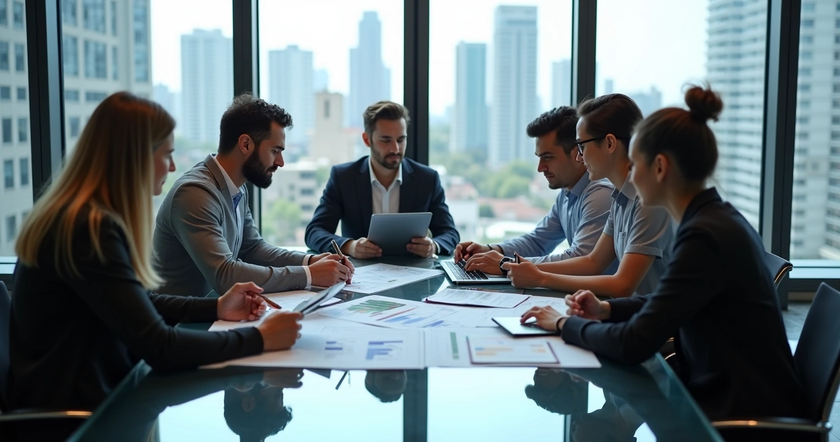 Profissionais discutindo estratégias de marketing digital em sala de reunião 