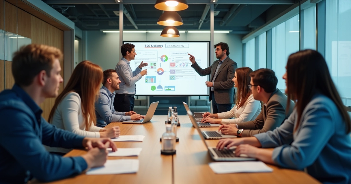 Equipe discutindo estratégias de SEO em uma sala de reunião 