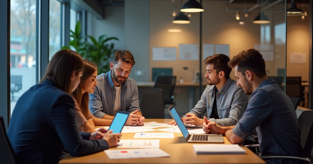 Equipe de agência digital reunida em mesa discutindo estratégias, papéis à mostra, ambiente moderno, todos envolvidos e focados