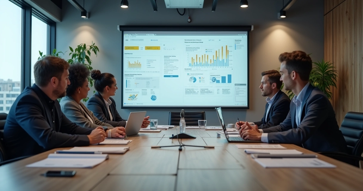 Equipe de marketing B2B em reunião discutindo estratégias de audiência em uma sala ampla 