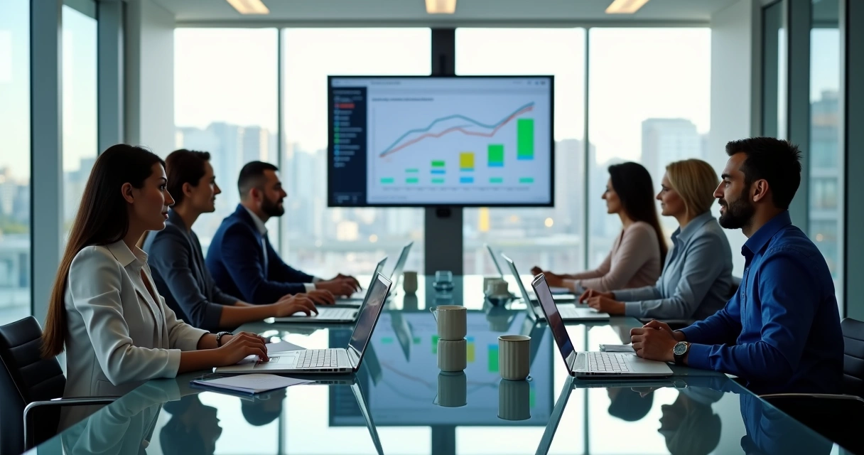 Equipe de negócios em reunião discutindo estratégia B2B com gráficos em tela grande 