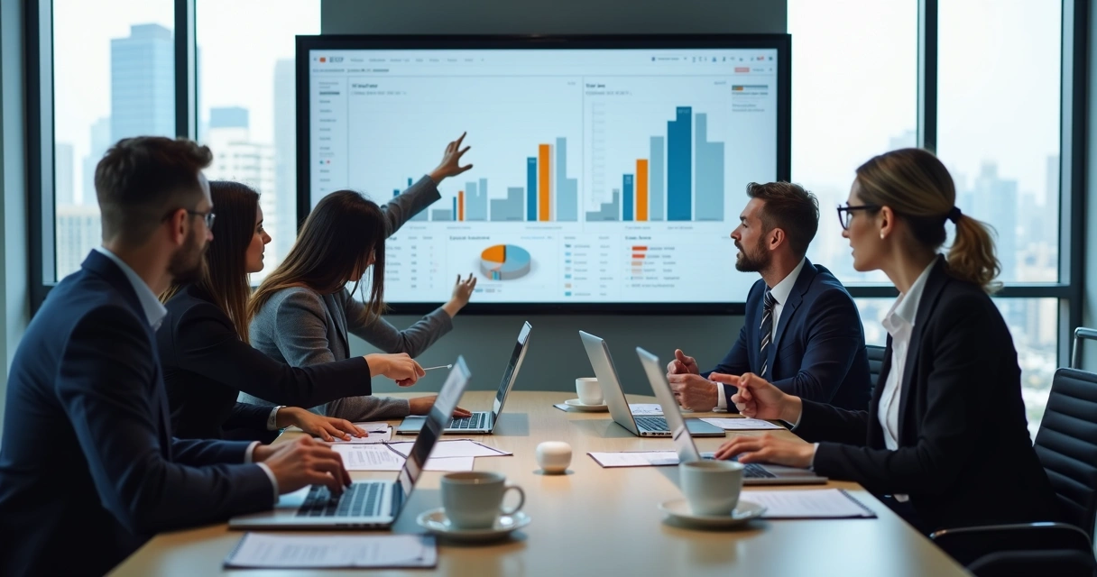 Reunião de profissionais discutindo estratégia de vendas para BPO Financeiro em sala moderna 