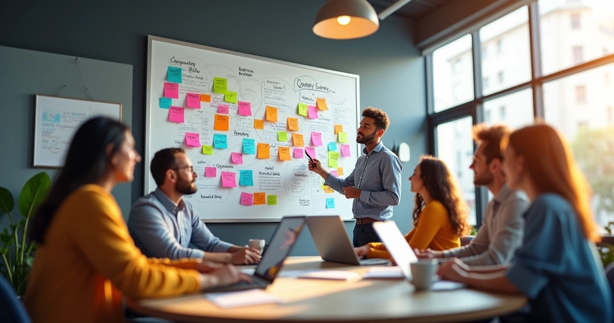 Equipe de marketing discutindo estratégia de branding com quadros e post-its em uma sala moderna