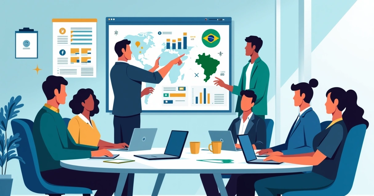 Equipe reunida ao redor de uma mesa analisando planos de campanha político-digital 
