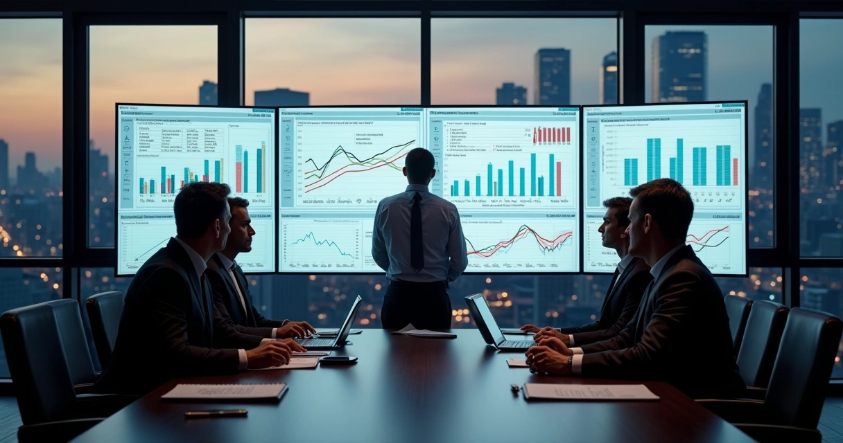 Executivos revisando cenários em sala de reunião 