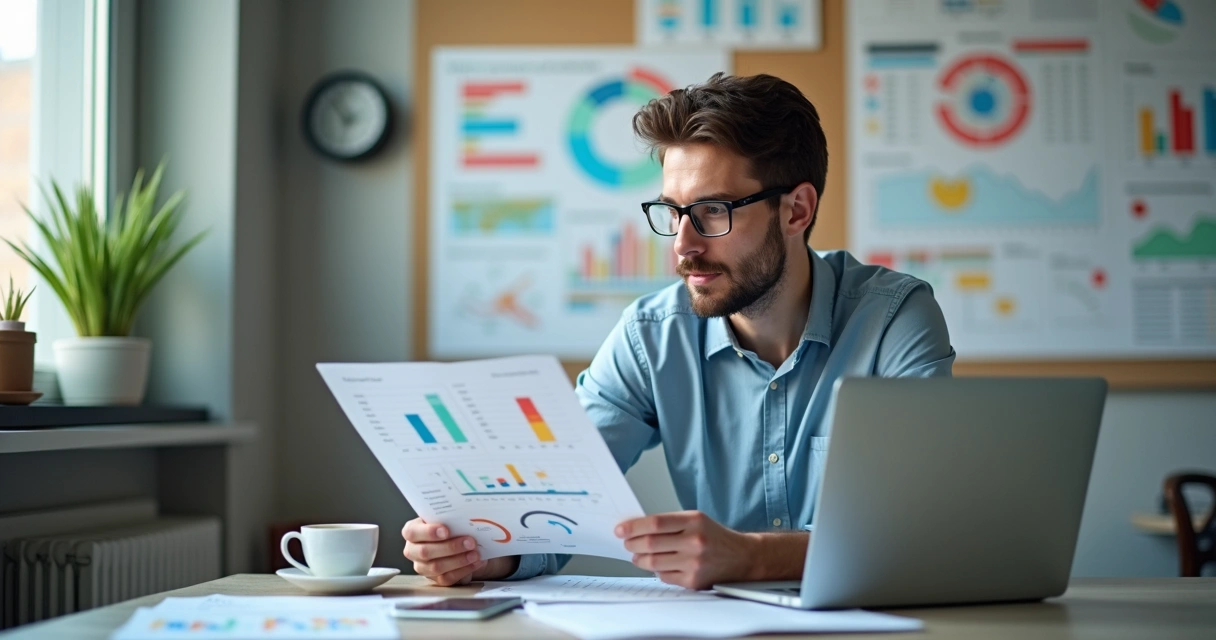 Profissional analisando gráficos de vendas e estratégias para contabilidade 