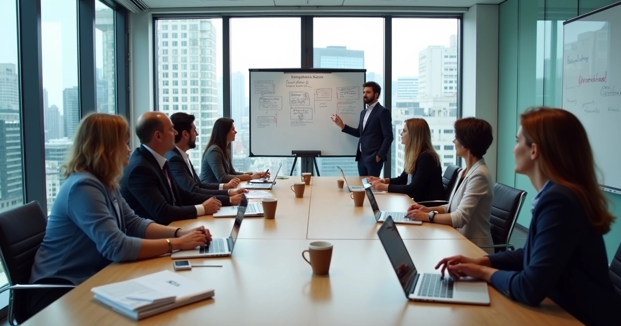 Equipe reunida em sala de reuniões discutindo estratégia de comunicação
