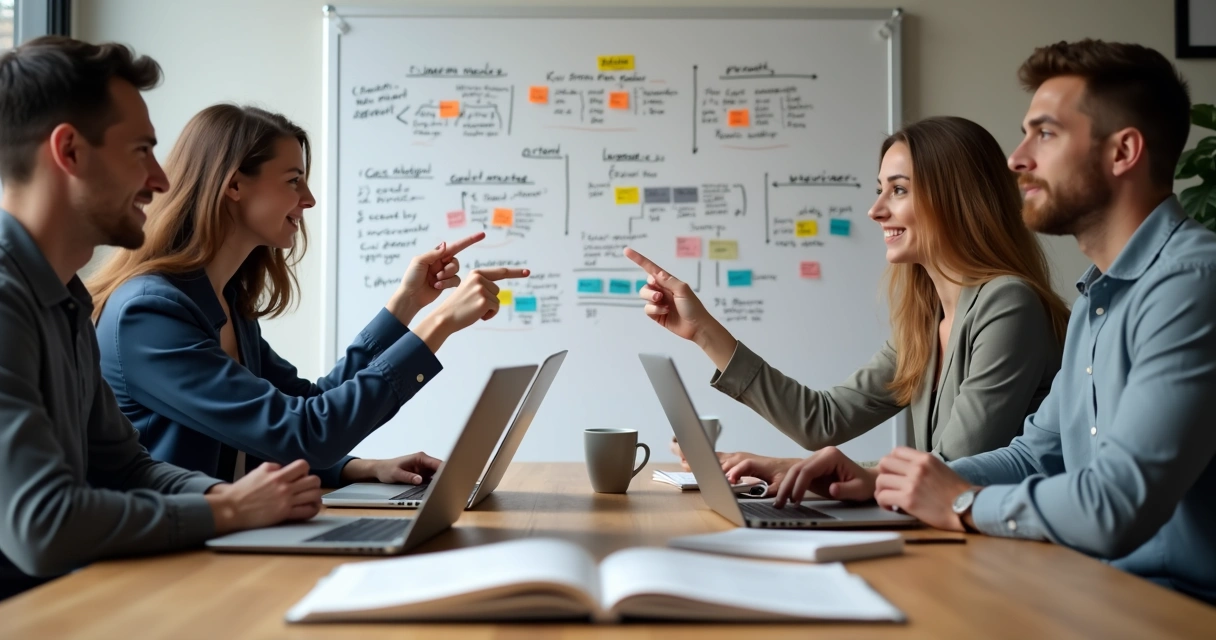 Equipe reunida analisando calendário de marketing de conteúdo 