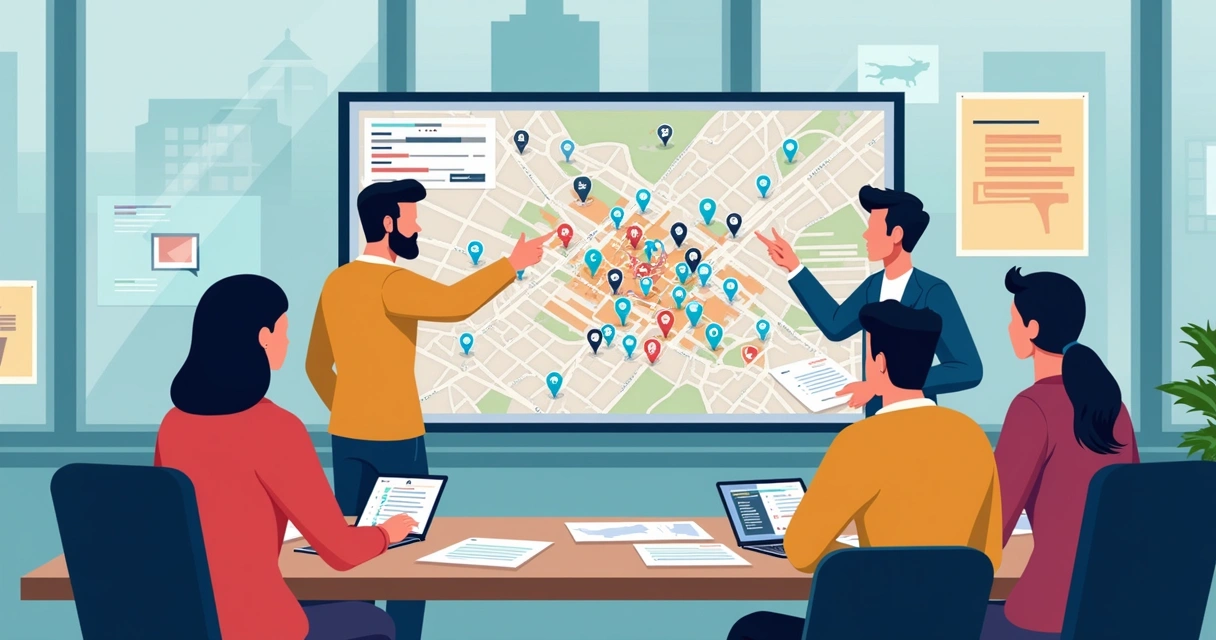 Equipe analisando mapas digitais em reunião de campanha