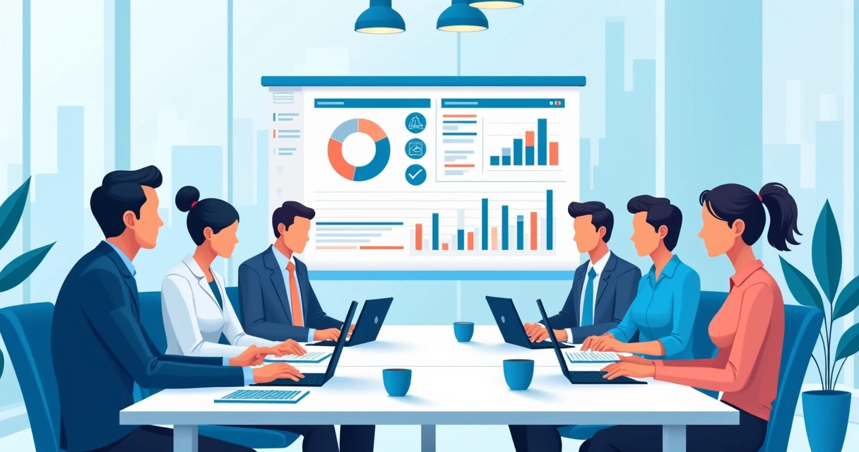 Equipe reunida revisando planejamento digital com gráficos e telas 