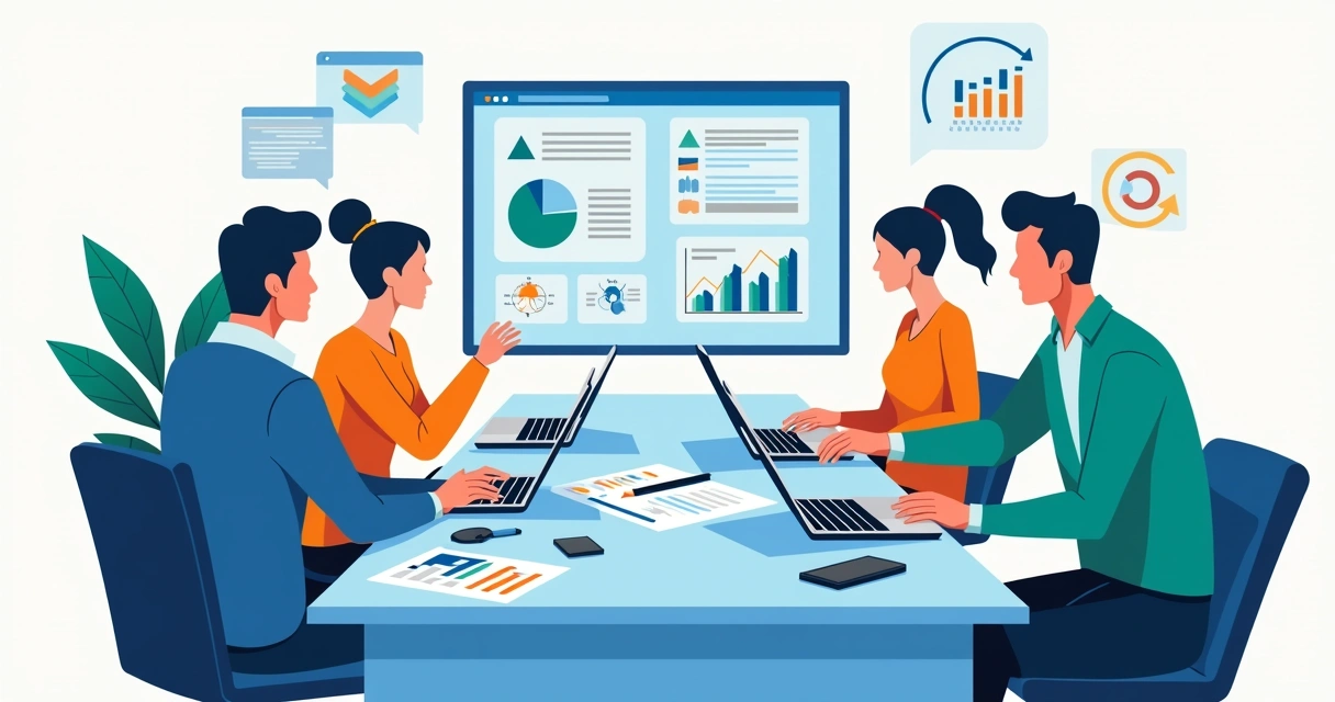 Equipe em reunião definindo estratégia digital em uma mesa com computadores e gráficos animados