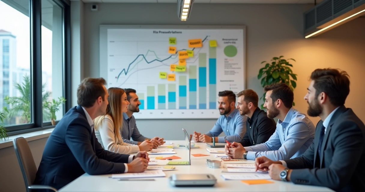 Equipe de parceiros em reunião traçando metas de engajamento 