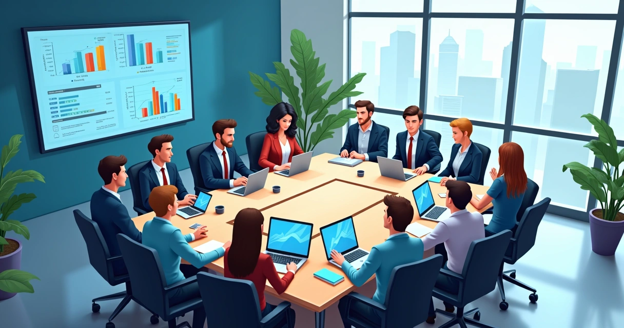 Equipe reunida em mesa de reunião discutindo estratégias digitais 