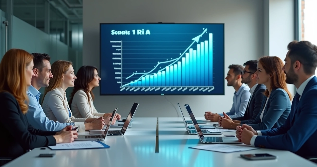 Equipe discutindo estratégia de inteligência artificial com gráfico de ROI na tela 