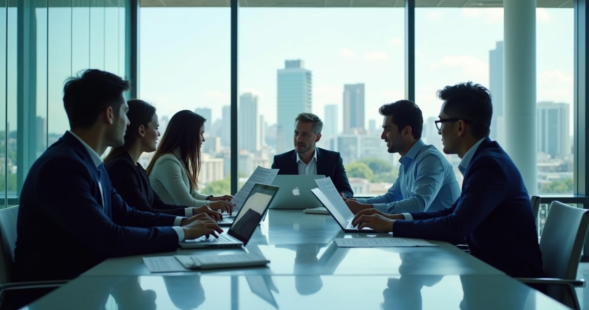 Equipe em reunião de estratégia de imprensa em escritório corporativo 