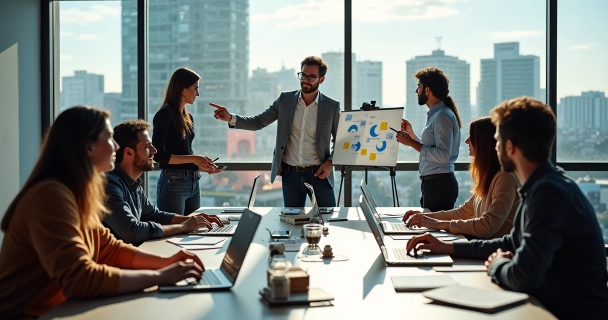 Pessoas em uma reunião discutindo estratégias de marketing digital em uma sala moderna 