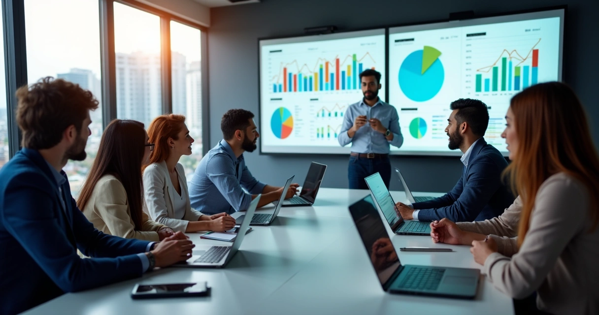 Equipe reunida discutindo plano de marketing digital 