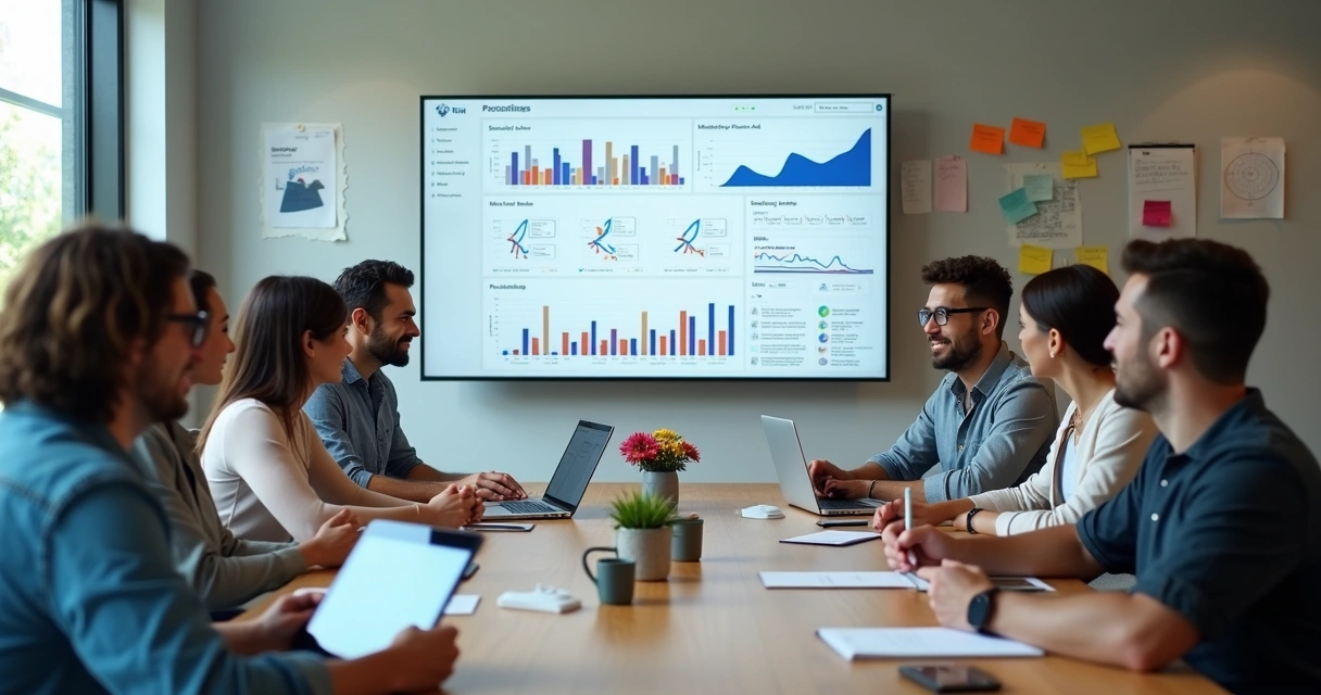 Reunião de equipe de marketing avaliando estratégias em volta de uma mesa 