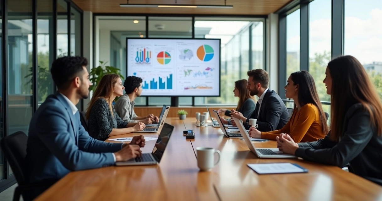 Equipe de marketing reunida em sala de reuniões moderna 