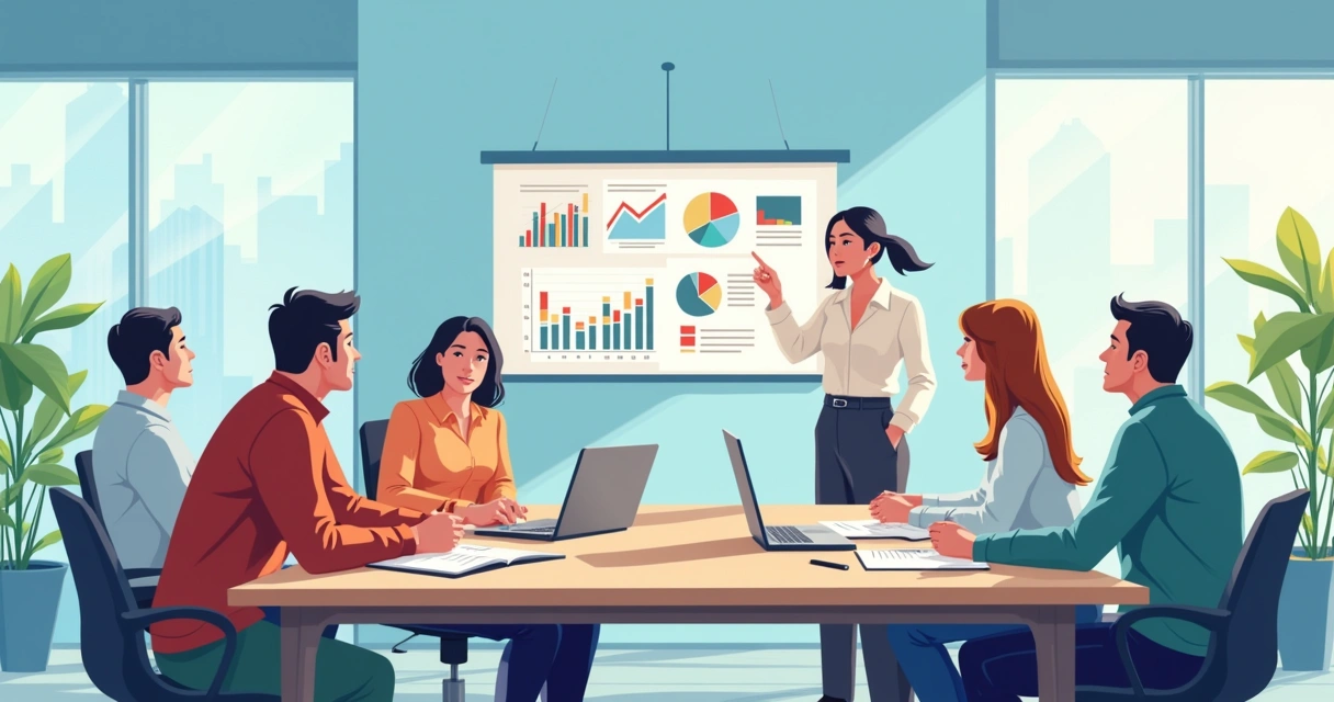 Equipe reunida analisando dados e estratégias de marketing em sala com paredes de vidro. 