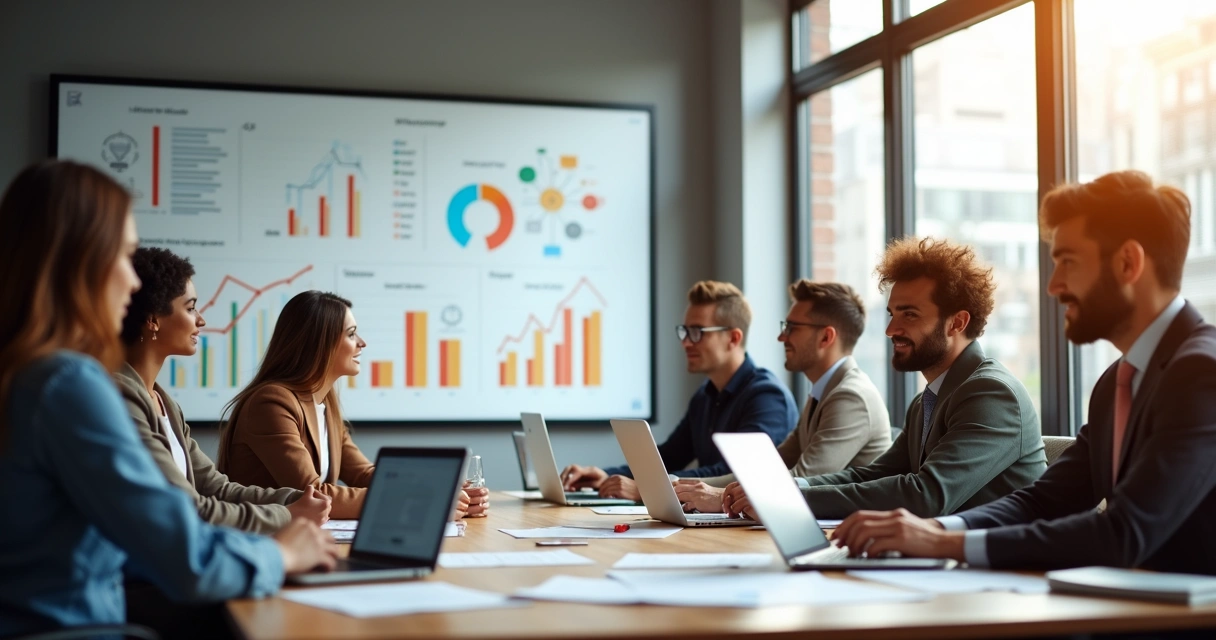 Reunião de equipe de marketing analisando estratégias em laptops e quadros brancos 