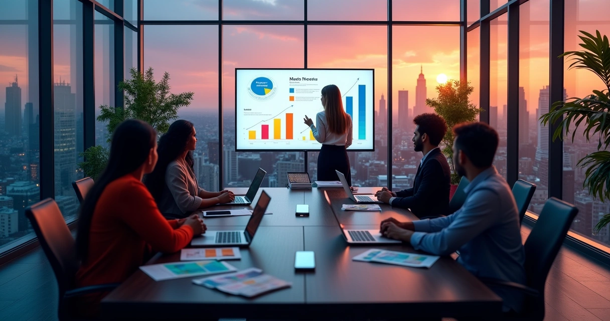 Cena de uma reunião moderna de estratégia de marketing com profissionais em um escritório contemporâneo.