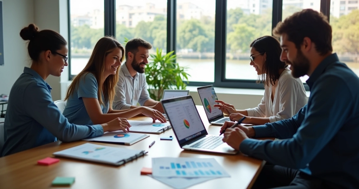 Equipe de marketing reunida em mesa analisando gráficos de desempenho digital 