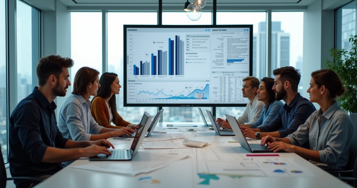 Equipe de arquitetura reunida analisando plano de marketing digital 