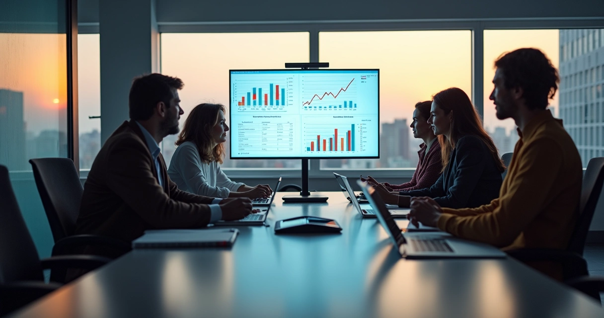 Equipe de profissionais de marketing reunida em Barueri analisando gráficos e campanhas digitais 