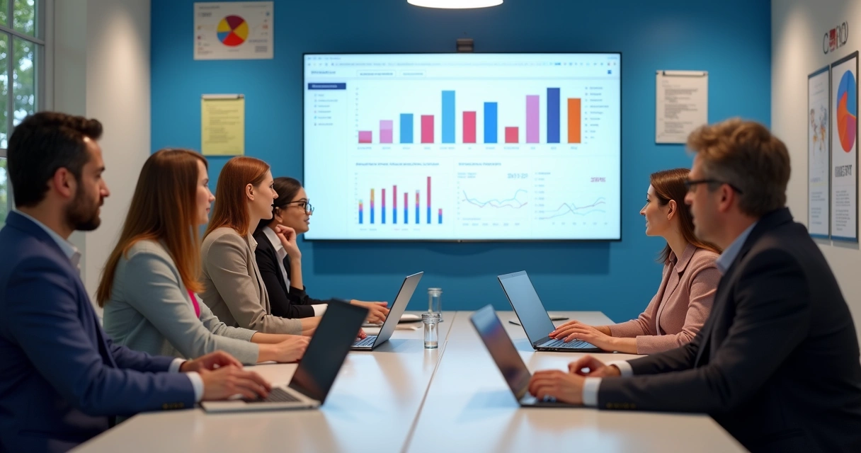 Profissionais de marketing reunidos discutindo estratégia digital 