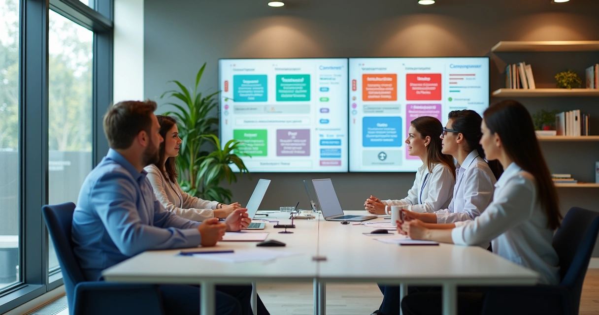 Equipe reunida em clínica médica planejando estratégias de marketing 