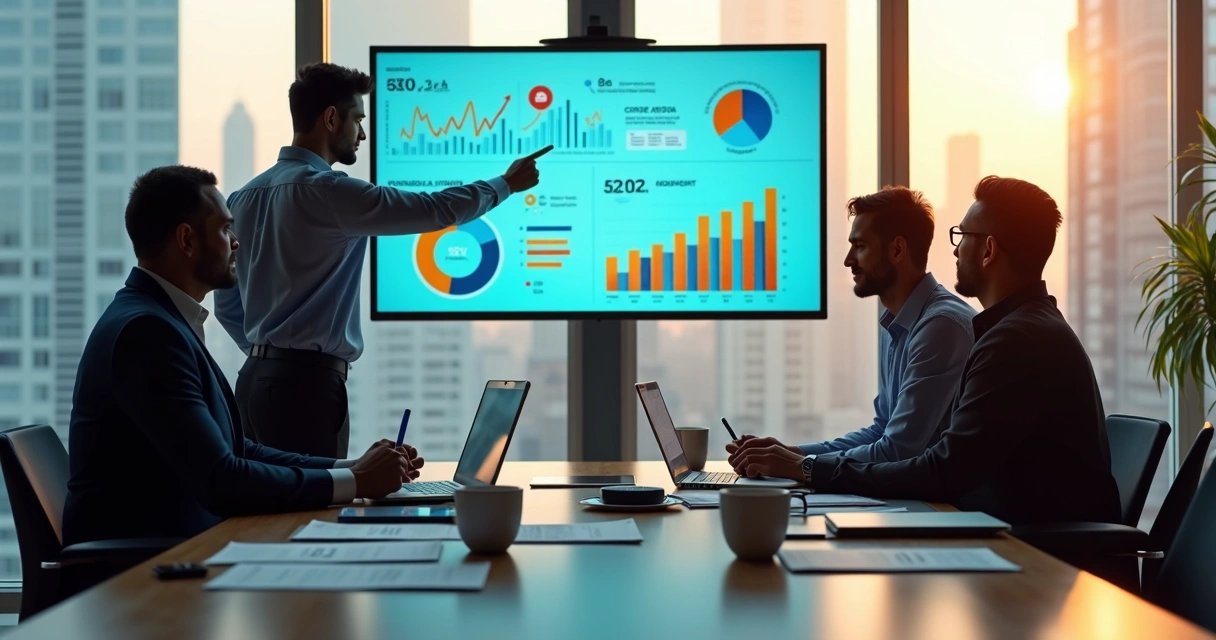 Equipe de marketing analisando gráficos em reunião em escritório moderno 