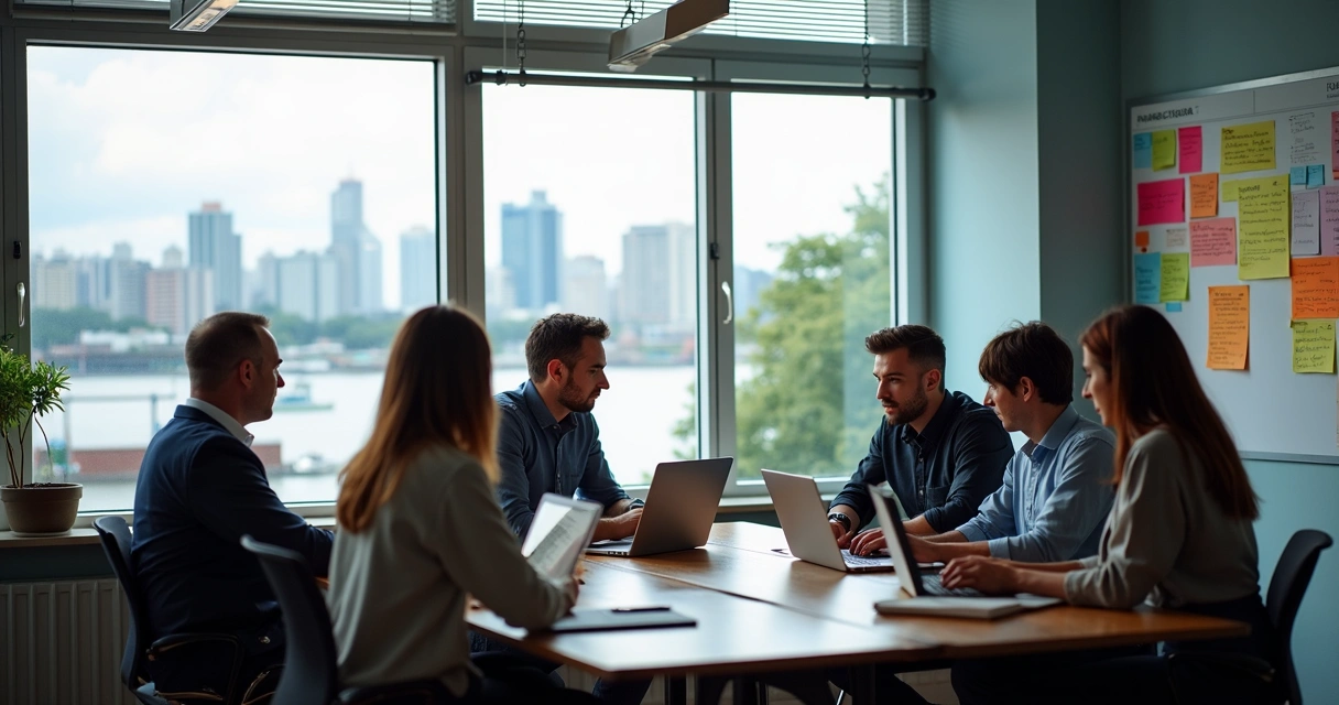 Equipe de marketing reunida em sala de escritório em Santos, discutindo gráficos de crescimento 
