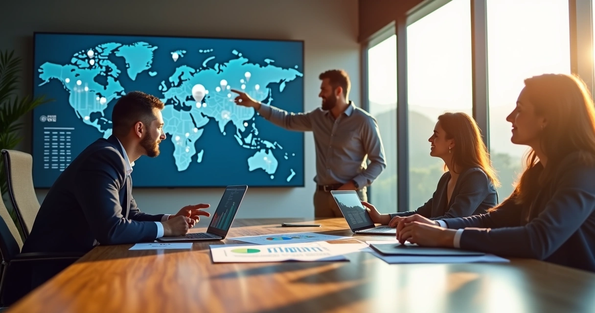 Equipe de marketing em reunião estratégica em escritório moderno com mapa de Magé ao fundo 