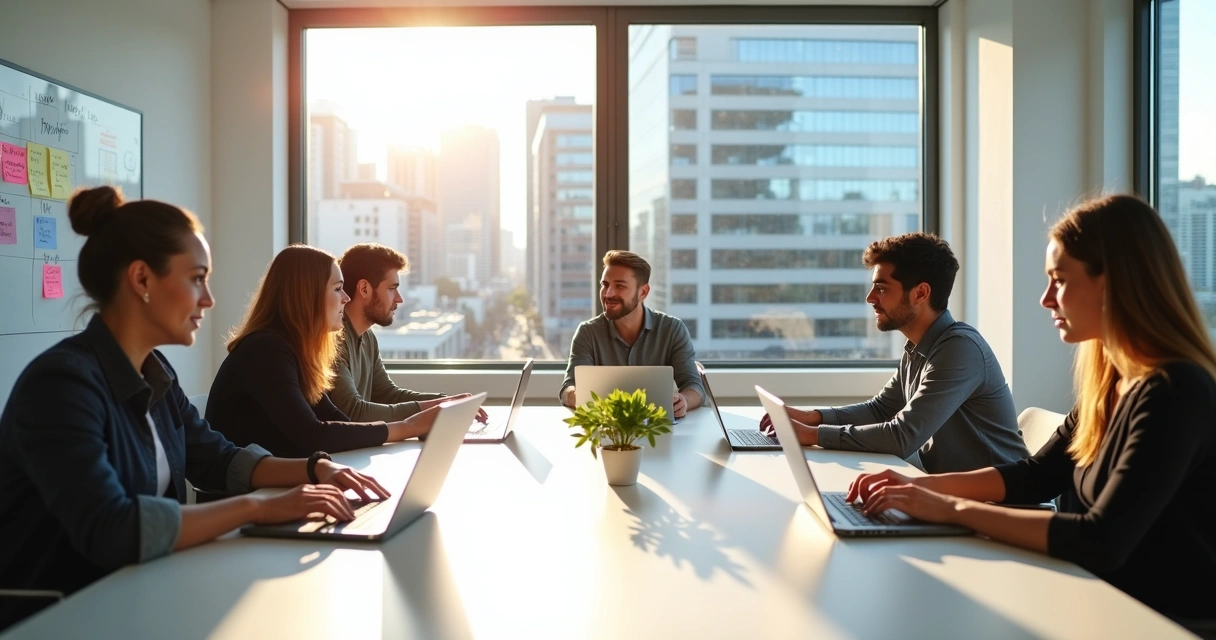 Reunião de equipe de marketing em sala moderna com anotações e computadores 